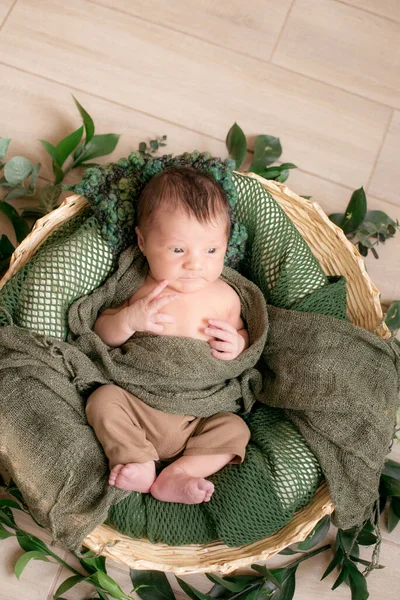 Lindo Bebé Una Cesta Mimbre Decorada Con Ramas Verdes Una — Foto de Stock