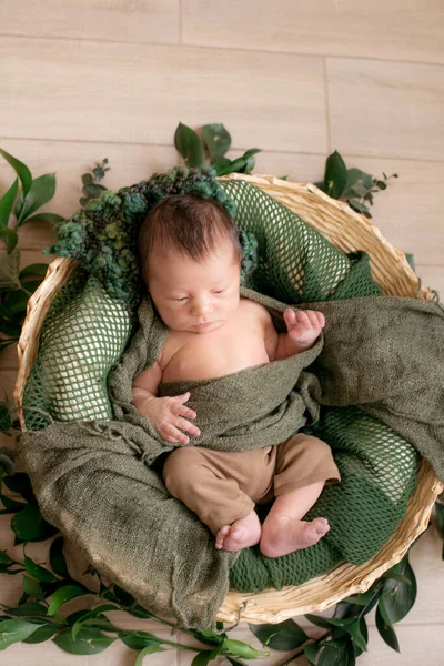 Leuke Kleine Baby Een Rieten Mandje Versierd Met Groene Takken — Stockfoto