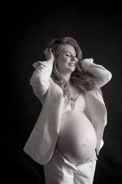 Young Cute Pregnant Woman Long Red Hair White Trouser Suit — Foto Stock