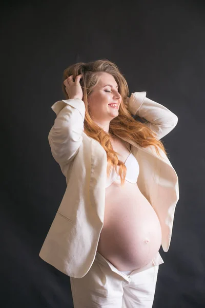 Young Cute Pregnant Woman Long Red Hair White Trouser Suit — 스톡 사진