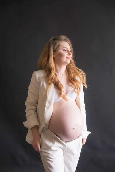 Young Cute Pregnant Woman Long Red Hair White Trouser Suit — Fotografia de Stock
