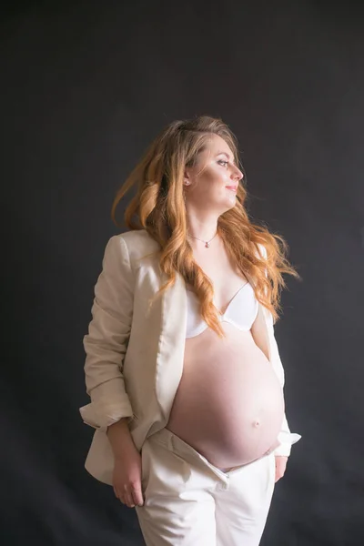 Young Cute Pregnant Woman Long Red Hair White Trouser Suit — 스톡 사진