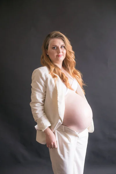 Young Cute Pregnant Woman Long Red Hair White Trouser Suit —  Fotos de Stock