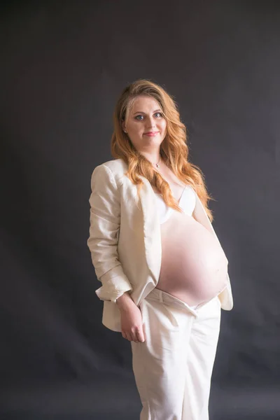 Young Cute Pregnant Woman Long Red Hair White Trouser Suit — Stock Fotó