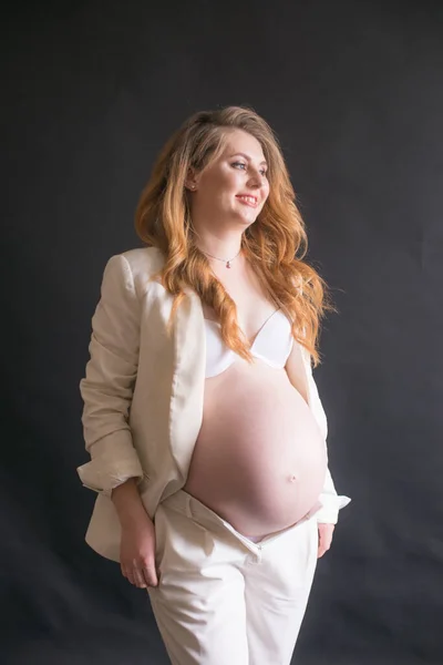 Young Cute Pregnant Woman Long Red Hair White Trouser Suit — Foto Stock