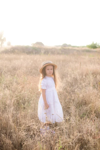 Cute Little Girl Long Blond Curly Hair White Summer Dress — Stock Photo, Image