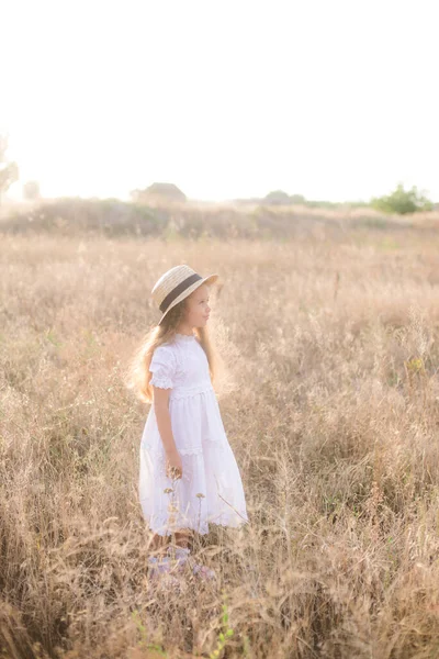 Cute Little Girl Long Blond Curly Hair White Summer Dress — Stock Photo, Image