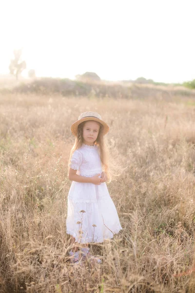 Uma Garotinha Fofa Com Cabelos Longos Louros Encaracolados Vestido Verão — Fotografia de Stock