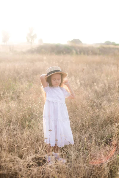 Uma Garotinha Fofa Com Cabelos Longos Louros Encaracolados Vestido Verão — Fotografia de Stock