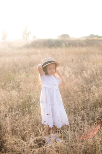 Uma Garotinha Fofa Com Cabelos Longos Louros Encaracolados Vestido Verão — Fotografia de Stock