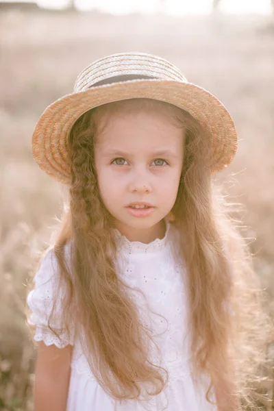 Uma Garotinha Fofa Com Cabelos Longos Louros Encaracolados Vestido Verão — Fotografia de Stock