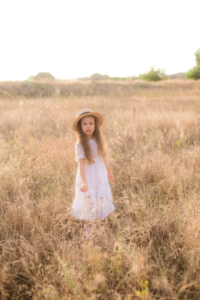 Cute Little Girl Long Blond Curly Hair White Summer Dress — Stock Photo, Image