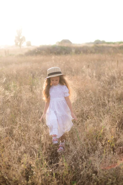 Uma Garotinha Fofa Com Cabelos Longos Louros Encaracolados Vestido Verão — Fotografia de Stock