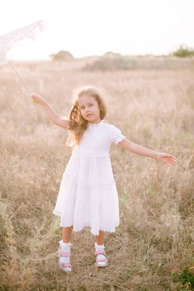 Cute Little Girl Long Blond Curly Hair White Summer Dress — Stock Photo, Image
