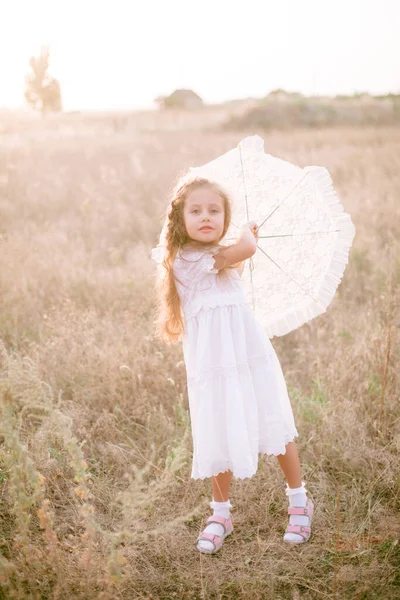 Cute Little Girl Long Blond Curly Hair White Summer Dress — Fotografia de Stock