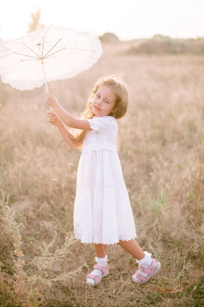 Cute Little Girl Long Blond Curly Hair White Summer Dress — Fotografia de Stock