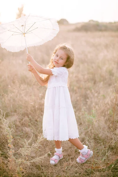 Cute Little Girl Long Blond Curly Hair White Summer Dress — Foto Stock