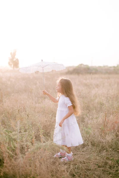 A cute little girl with long blond curly hair in a white summer dress and a straw boater hat with a white lace umbrella in a field in the countryside in summer at sunset. Nature and Ecolife