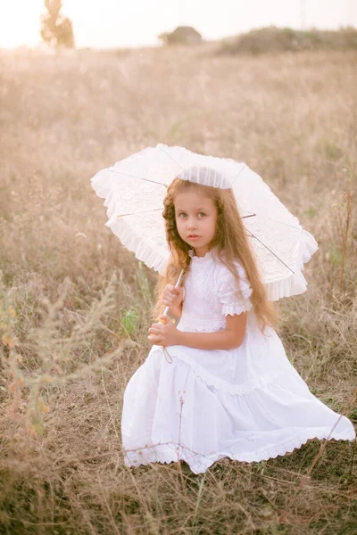 Cute Little Girl Long Blond Curly Hair White Summer Dress — Stock Photo, Image