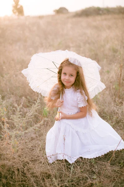 Cute Little Girl Long Blond Curly Hair White Summer Dress — Foto de Stock