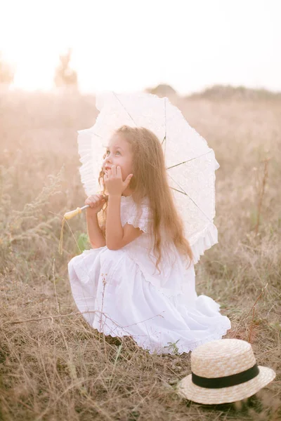 Cute Little Girl Long Blond Curly Hair White Summer Dress — Fotografia de Stock