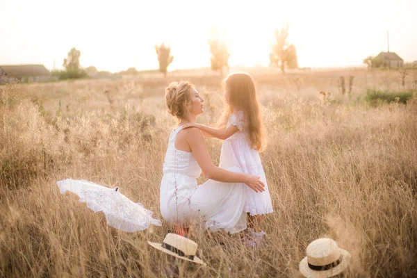 Cute Little Girl Long Blond Curly Hair Her Mother White — Stok fotoğraf