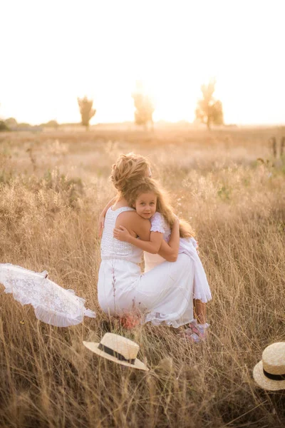 Cute Little Girl Long Blond Curly Hair Her Mother White — Stock fotografie