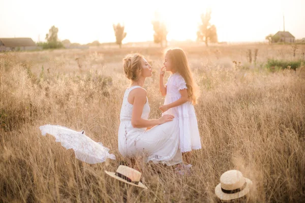 Cute Little Girl Long Blond Curly Hair Her Mother White — 图库照片