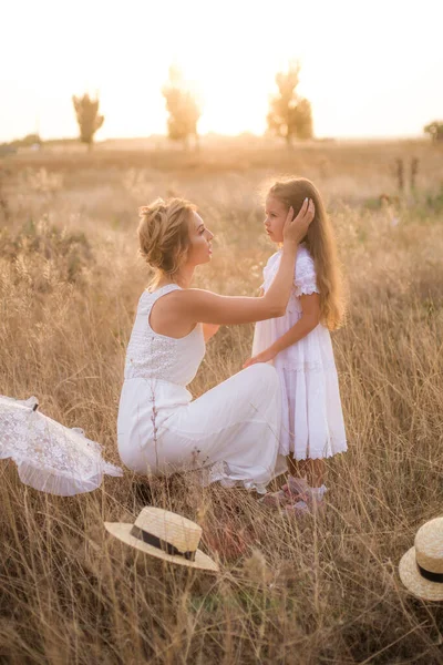 Cute Little Girl Long Blond Curly Hair Her Mother White — Stockfoto