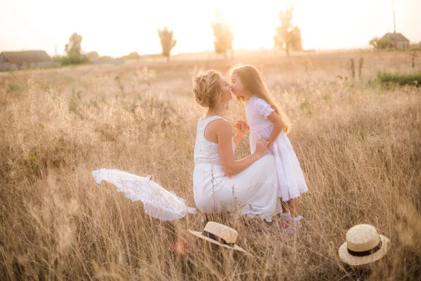 Cute Little Girl Long Blond Curly Hair Her Mother White — Stockfoto