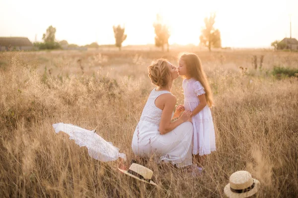 Cute Little Girl Long Blond Curly Hair Her Mother White — 图库照片