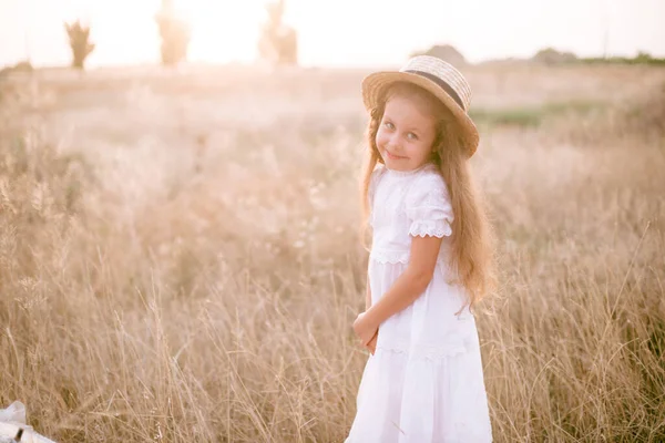 Cute Little Girl Long Blond Curly Hair White Summer Dress —  Fotos de Stock