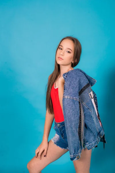 Cute Teenage Girl Long Hair Trendy Denim Youth Clothes Red — Photo