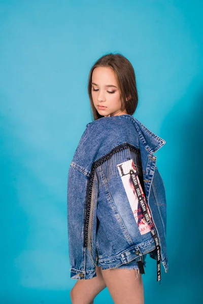 Cute Teenage Girl Long Hair Trendy Denim Youth Clothes Red — Fotografia de Stock