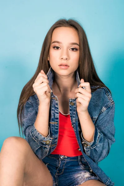 Cute Teenage Girl Long Hair Trendy Denim Youth Clothes Red — Fotografia de Stock