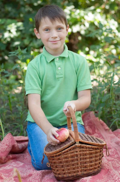 A cute boy in a green t-shirt sits on a plaid with a picnic basket and apples in the autumn park. Healthy food.