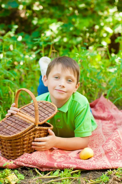 A cute boy in a green t-shirt sits on a plaid with a picnic basket and apples in the autumn park. Healthy food.