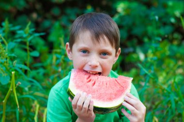 A cute boy in a green t-shirt eats a juicy ripe watermelon in the summer in the garden. Healthy lifestyle. Happy childhood