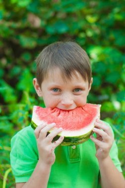 A cute boy in a green t-shirt eats a juicy ripe watermelon in the summer in the garden. Healthy lifestyle. Happy childhood