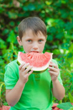 A cute boy in a green t-shirt eats a juicy ripe watermelon in the summer in the garden. Healthy lifestyle. Happy childhood