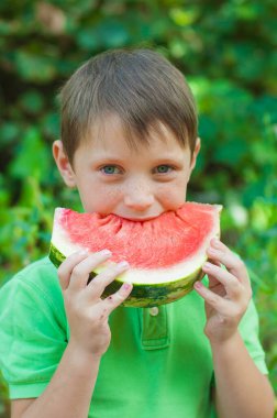 A cute boy in a green t-shirt eats a juicy ripe watermelon in the summer in the garden. Healthy lifestyle. Happy childhood