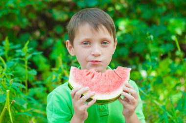 A cute boy in a green t-shirt eats a juicy ripe watermelon in the summer in the garden. Healthy lifestyle. Happy childhood