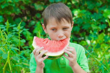 A cute boy in a green t-shirt eats a juicy ripe watermelon in the summer in the garden. Healthy lifestyle. Happy childhood
