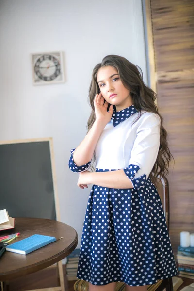 Cute Teenage Girl Long Hair Classic School Dress Classic Interior — Stok fotoğraf