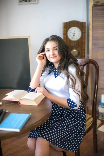 Cute Teenage Girl Long Hair Classic School Dress Classic Interior —  Fotos de Stock