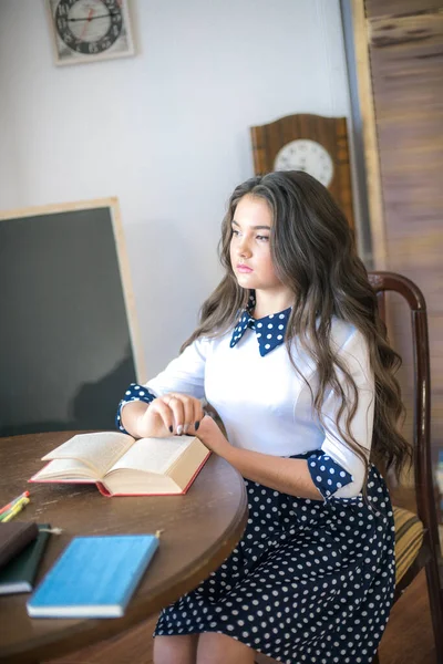 Cute Teenage Girl Long Hair Classic School Dress Classic Interior — 图库照片