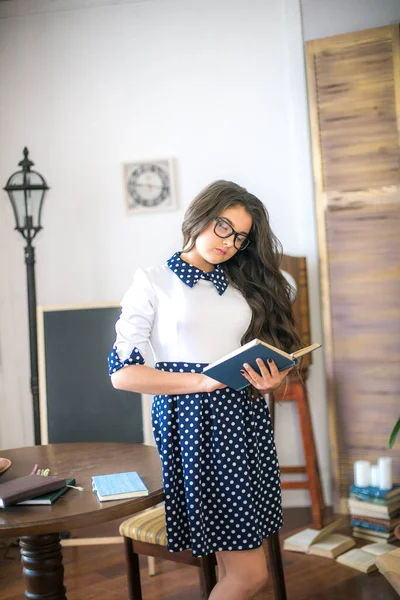 Cute Teenage Girl Long Hair Classic School Dress Classic Interior — Foto Stock