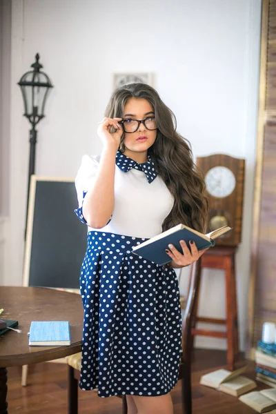 Cute Teenage Girl Long Hair Classic School Dress Classic Interior — Foto de Stock