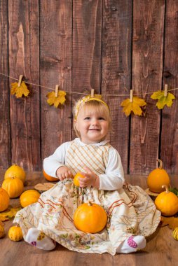 Little cute girl with orange pumpkins. Autumn mood. Halloween.