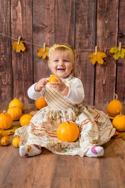 Little Cute Girl Orange Pumpkins Autumn Mood Halloween — 图库照片